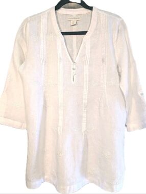 Woman Small Crisp White Linen Embroider Beach Wedding Boho Cynthia Rowley Blouse